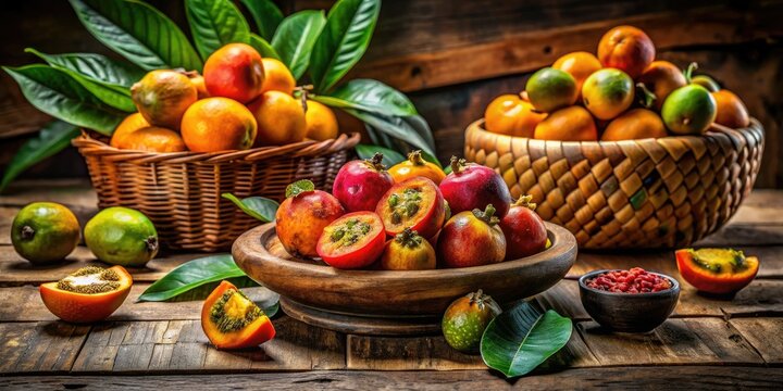 Vibrant Fresh Tejocotes displayed in a rustic setting, showcasing their stunning colors and natural textures, enticing with their seasonal beauty and unique charm.