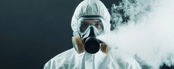 A close-up of a guy in a white hazmat suit and gas mask, carefully spraying a thick mist of toxic gas from his equipment, ensuring safety while conducting pest control.
