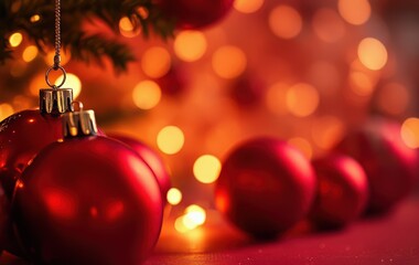 Fototapeta premium Red Baubles on Glittering Bokeh Background