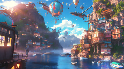 Coastal village nestled amongst lush greenery, with quaint buildings and sailing ships in a turquoise bay.  scene, perfect for fantasy, travel, themes.