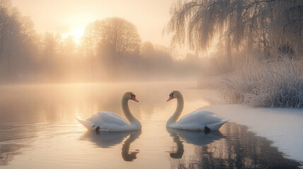 Fototapeta premium Graceful swans swimming in a half-frozen lake, with mist rising in the early morning light