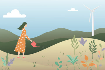 Woman Gardening in a Natural Landscape with Wind Turbine.