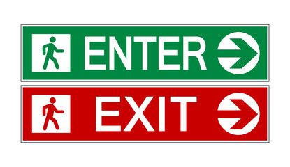 Enter and exit sign for pedestrian. Horizontal strips with pictogram of walking person, directional arrows and text. Red and green colors.