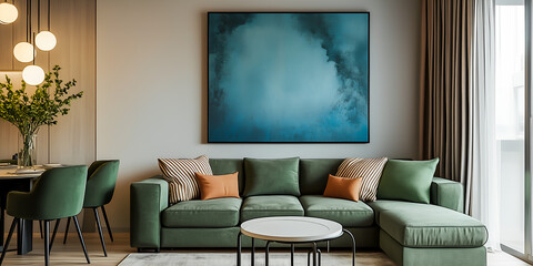 Modern living rooms has green sofa with frames on white wall