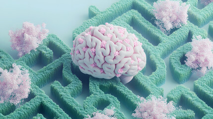 Brain fused with a green maze.brain merged with a green maze resembling a forest, soft pastel blossom season flowers.green forest maze, vibrant flowers in vivid colors growing