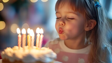 A young girl blows out candles on a birthday cake.