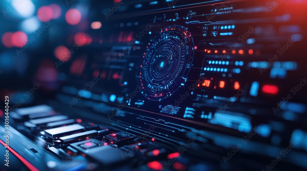 Poster futuristic interface with glowing buttons and dynamic visuals, showcasing advanced digital technolog