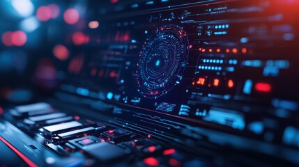 Obraz premium Futuristic interface with glowing buttons and dynamic visuals, showcasing advanced digital technology.