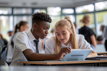 Two teenage students of different ethnicities collaborating on a group project in class. Training and education, teamwork, education in equality and diversity.