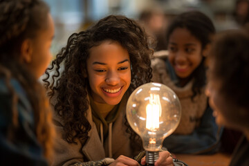 A group of female students of different ethnicities participating as a team in a science and technology class. Concept of training and education, teamwork, active learning, STEM skills.