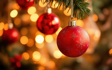 Fototapeta premium Red Christmas Ornaments with Bokeh Background