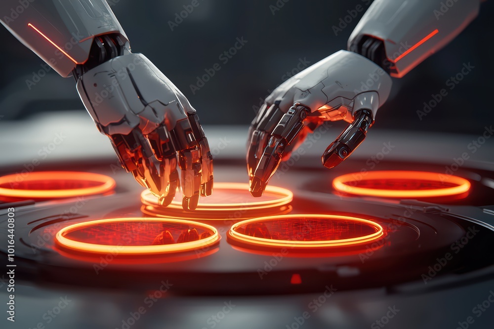 Poster futuristic robotic hands interacting with glowing control panels in a high-tech environment.