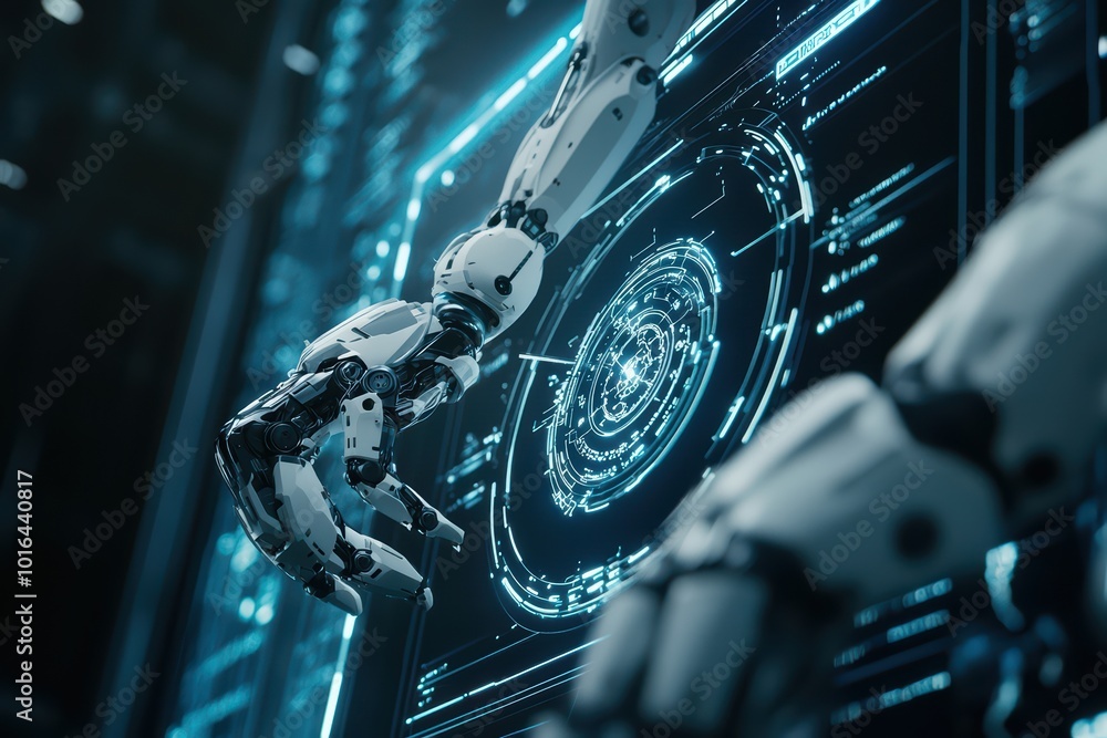 Poster futuristic robotic hand interacting with a digital interface in a high-tech environment.