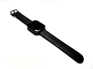 Black smart watch isolated on white background. Smartwatch with black strap. Copy space for text.