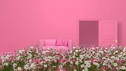 Fotobehang Fluor Roze Flower in the room. 3D illustration, 3D rendering   © wichuda