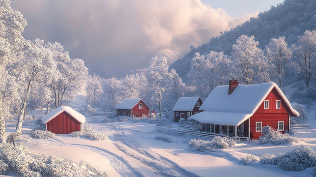 Snow-covered farm with rustic red barns, surrounded by frost-covered trees under a pale winter sky