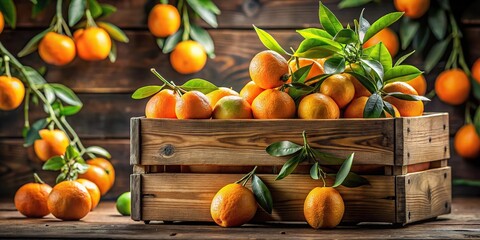 panoramic orange harvest ripe oranges wooden box orange branch hangs