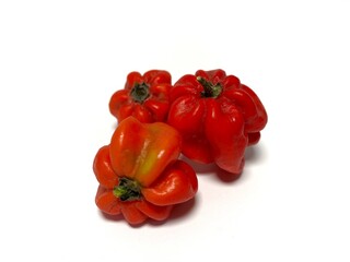 Habanero red chili. Red hot chili peppers on a white background, closeup of photo. Edible pungent...