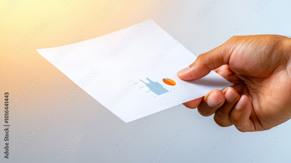 Poster hand holding a report with a chart and graph against a blurred background.