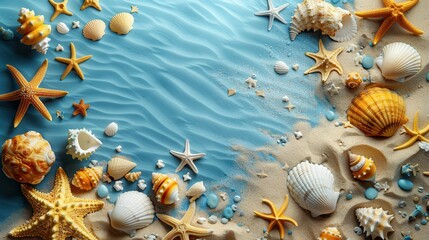 Obraz premium Colorful Seashells on Sandy Beach with Blue Water