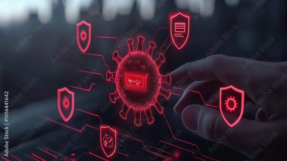Poster hand interacting with a digital interface showing cybersecurity and virus protection elements.