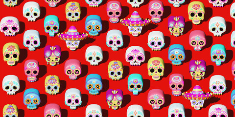 Mexican skull design pattern, Mexico culture tourism landmark latin and party theme 3d illustration.