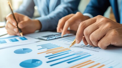 Hands analyzing graphs and charts on paper, focused on data presentation and financial analysis.