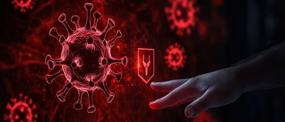 Hand reaching toward a digital representation of a virus, showcasing technology and healthcare innovation in a modern context.