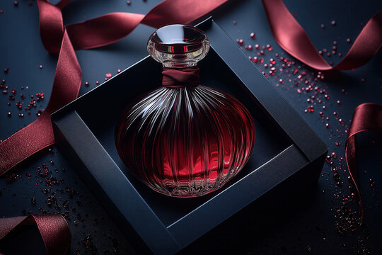 Luxury perfume bottle gift red ribbon black background