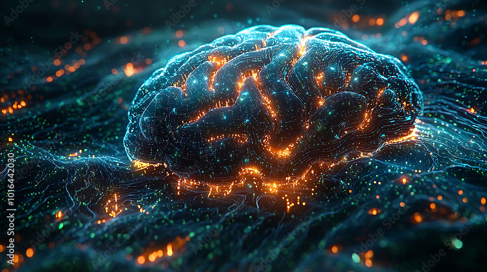 Poster a 3d rendering of a human brain with glowing neural pathways.