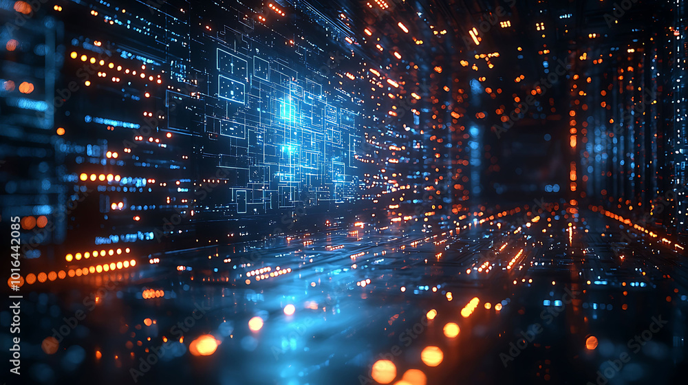 Aufkleber abstract digital data flow with glowing lines and particles in a futuristic cyberspace.