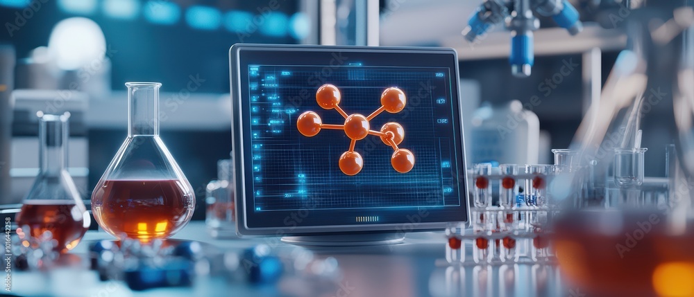 Poster laboratory scene with beakers, test tubes, and a monitor displaying molecular structures.