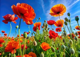 Obraz premium Vibrant Poppy Flowers in Bloom Against a Clear Blue Sky Creating a Stunning Natural Landscape