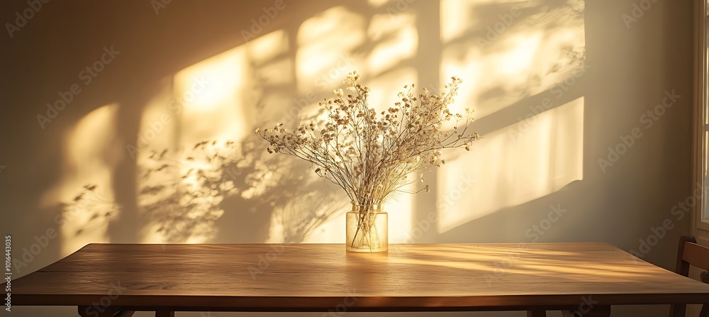 Poster a stylish dining table in a minimalistic room with space for text above it