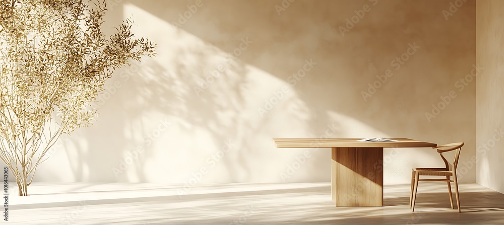 Poster a stylish dining table in a minimalistic room with space for text above it