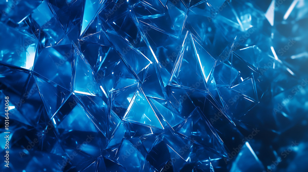 Poster abstract blue geometric background of triangular shapes, reminiscent of shards of ice or glass.
