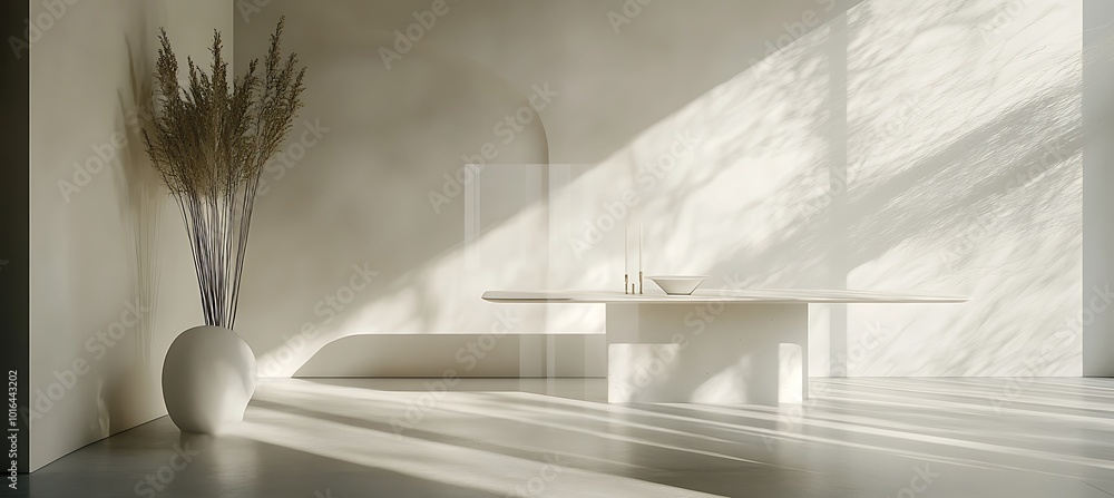 Poster a stylish dining table in a minimalistic room with space for text above it
