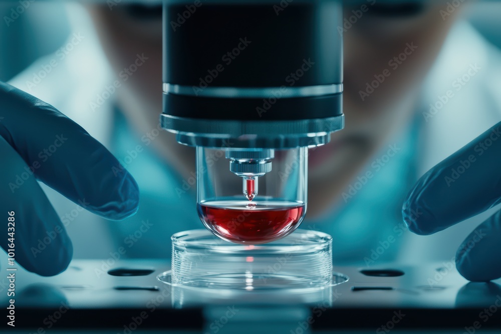 Poster scientist examining a sample under a microscope with a red liquid, focused on the research process i