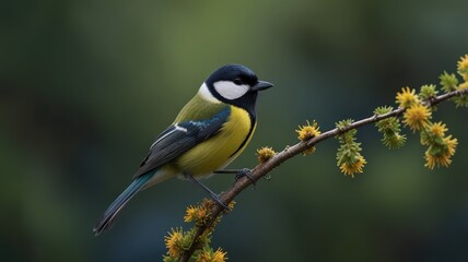 Fototapeta premium A small, blue, yellow, and black bird with a black cap perched on a branch.