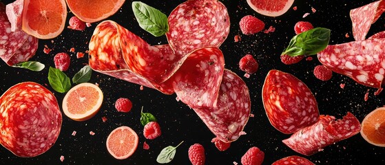 Fototapeta premium Sliced salami and fresh fruits floating against a dark background, creating a vibrant and appetizing composition.