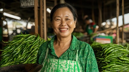 Smiling woman vendor in a vibrant market surrounded by fresh green chili peppers.