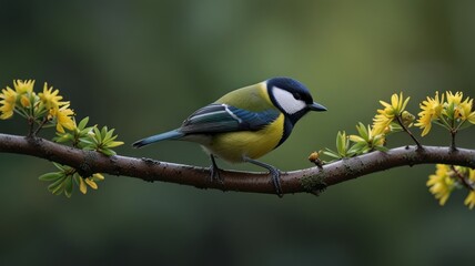 Fototapeta premium A blue tit perched on a branch with yellow blossoms, a vibrant green background blurs behind.