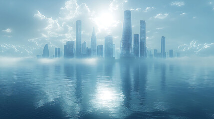 Fototapeta premium A city skyline emerges from a sea of fog at sunrise.