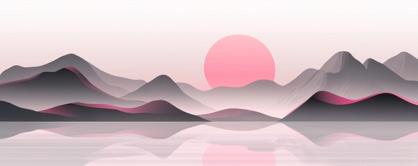 Fototapeta premium A peaceful Chinese landscape featuring a lake surrounded by towering mountains, illustrated with flowing, minimalistic lines and soft gradients to reflect the balance of nature.