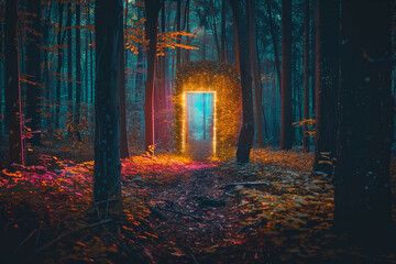 A fantastically beautiful door in forest leading to the unknown