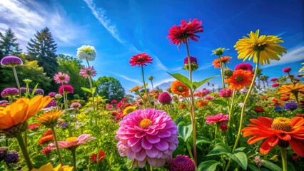 Fototapeta premium Vibrant Summer Scene with Colorful Flowers and a Gentle Breeze Under a Clear Blue Sky in Nature