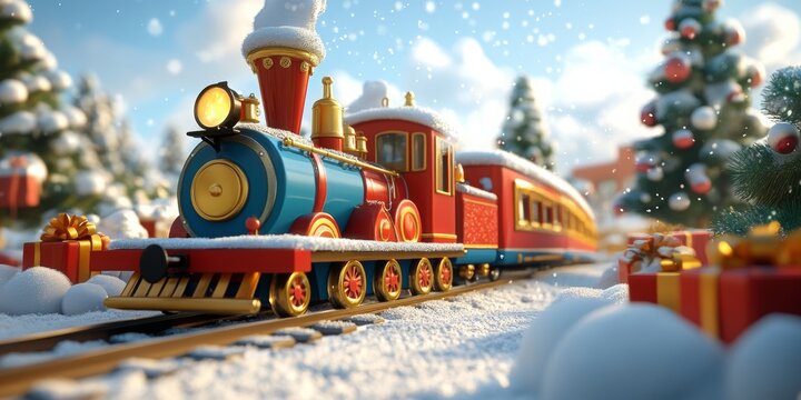 Festive 3D cartoon train laden with colorful gifts, journeying through a whimsical snowy landscape, evoking holiday cheer and joy