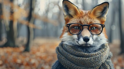 Obraz premium Stylish and Curious Fox Exploring the Woodland Wearing Trendy Glasses and Scarf