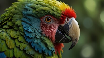 Fototapeta premium A close-up portrait of a vibrant green, blue, red, and yellow macaw with a sharp focus on its eye.
