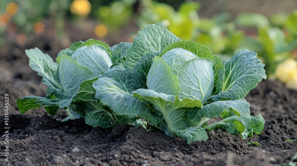 Wall mural Two green cabbages growing in a garden with soil in the foreground and green plants in the background.